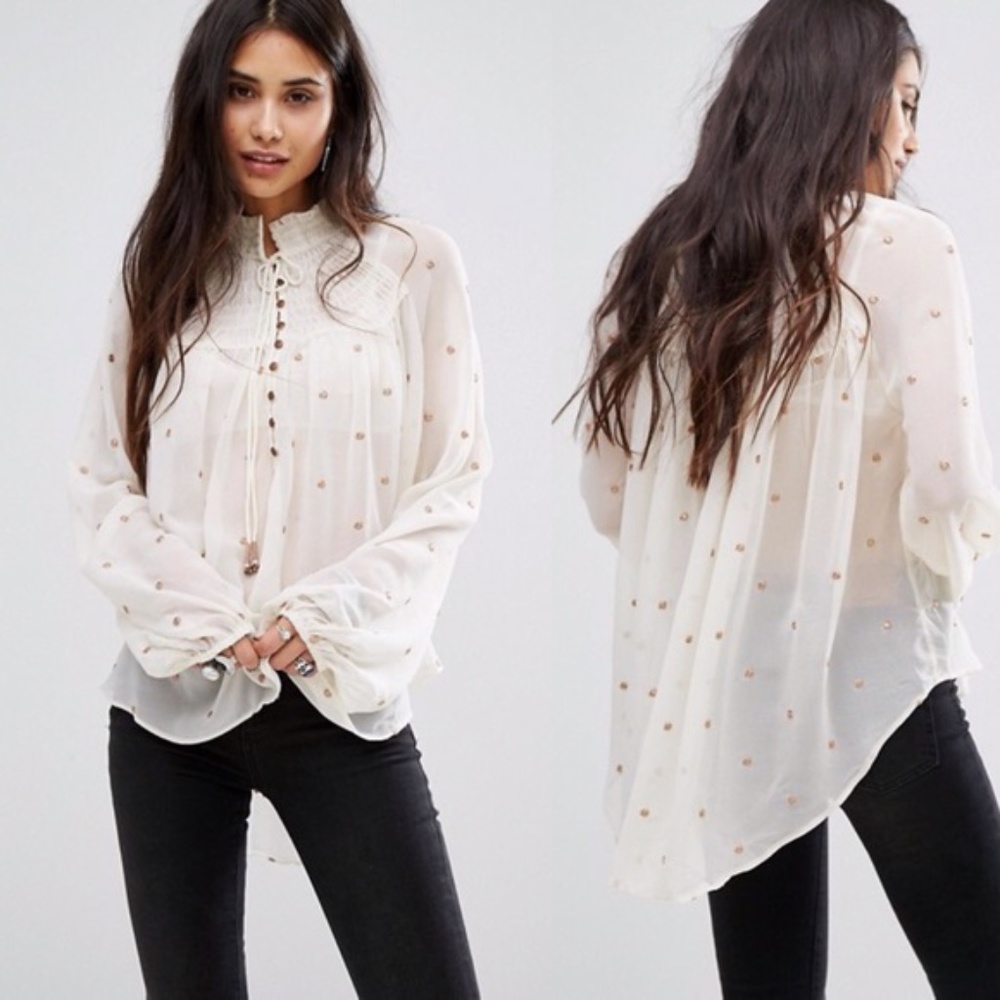 Free people Ready To Run Smoked Blouse Semi Sheer Studded - Picture 1 of 4